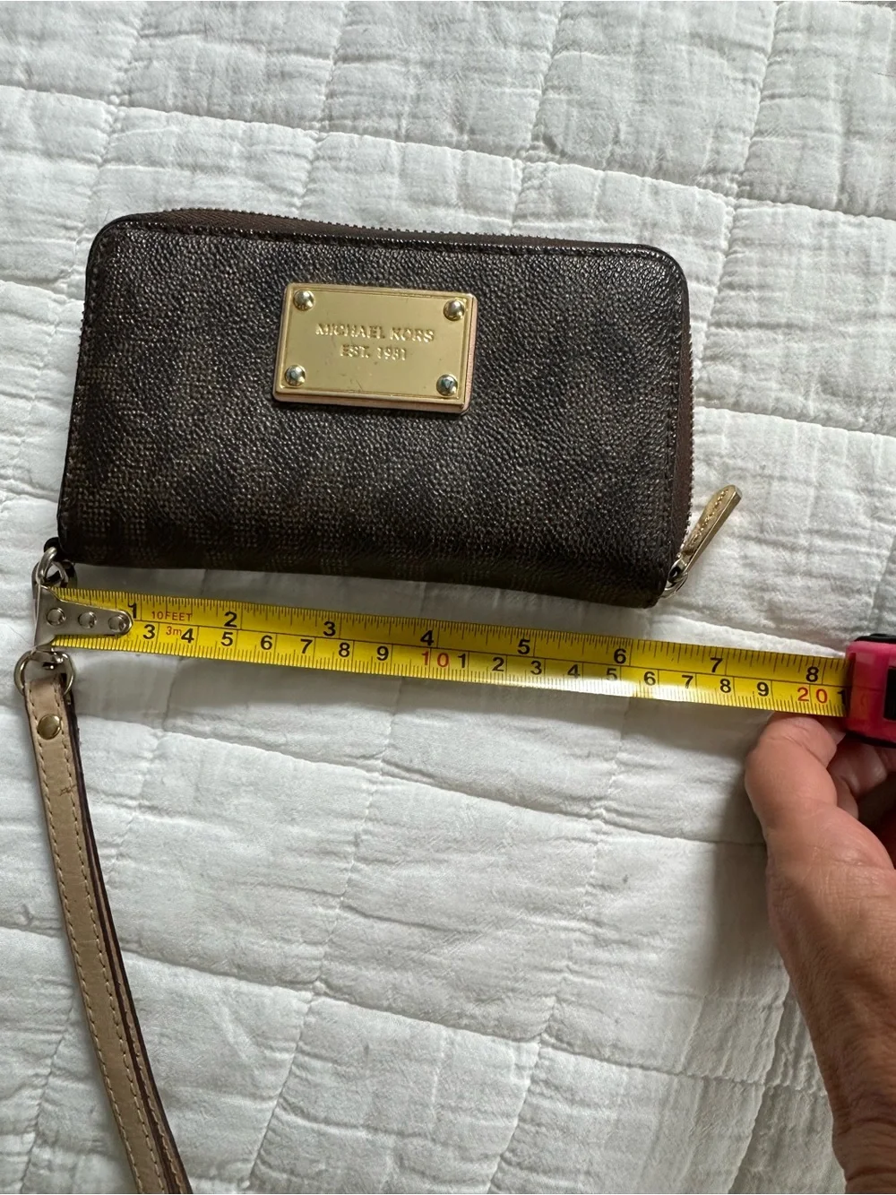 Michael Kors Dark Brown Zip Wristlet with Gold Plate